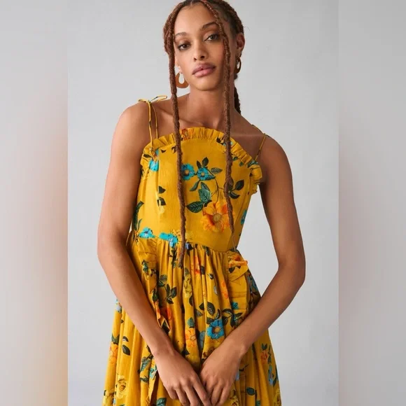 Anthropologie Maeve Maxi Dress High-Low Pleated Boho Yellow Floral Sz 14 - Picture 3 of 9
